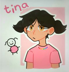 a drawing of a girl with black hair holding a pink bird in front of her face