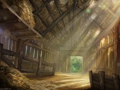 an old barn with hay inside and sunlight coming through the windows