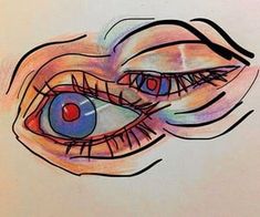 a drawing of an eye with blue and red irises