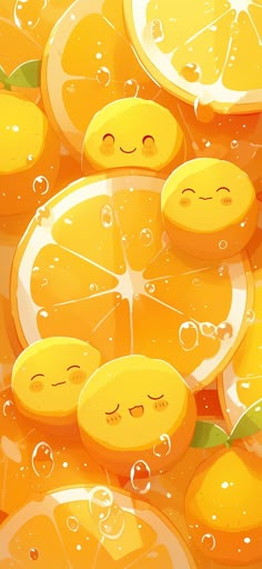 many oranges with faces drawn on them and water droplets all over the whole fruit