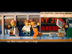 the lego movie scene is shown with two people and one person holding a briefcase in front of