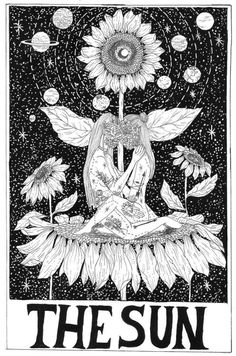 the sun tarot card with an image of a woman sitting on top of a flower