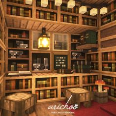 a room filled with lots of wooden shelves and boxes full of books on top of them