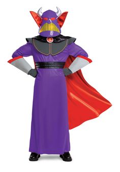 a man in a purple costume with horns and red cape standing next to his hands on his hips