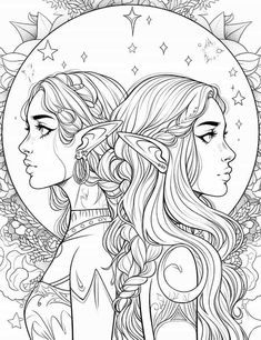 two beautiful girls with long hair and stars on their heads, one is looking at the other