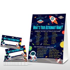 an outer space themed birthday party sign and place card with matching name tags for kids