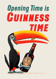 an advertisement for guinness time featuring a toucao and a beer bottle with the caption opening time is guinness time