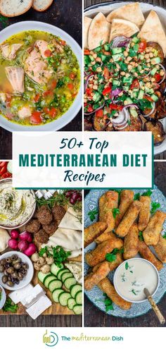 the top mediterranean diets are shown in this collage with different foods and vegetables