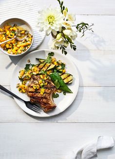 Grilled Pork Chops and Zucchini With Mango Salsa Pork Chops And Beans Recipe, Pork Chops And Beans, Bone In Pork Chops, Mango Salsa Recipes, Week Schedule, One Skillet Meals, Summer Meals