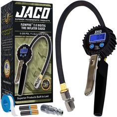 the jaco digital tire gauger is in front of its packaging