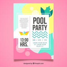 a flyer for a pool party with an origami boat