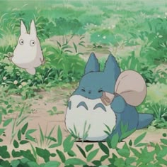 two cartoon characters sitting in the grass with one looking at another character behind them,