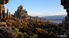 an image of a castle on top of a hill with birds flying over it in the air