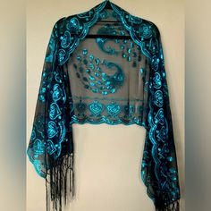 Nwot Peacock Shawl Scarf Wrap - Women’s Elegant Formal Evening Wear - One Size Fits Most Os Black W/ Blue Sequin - 22"W X 33"L W/ 8" Fringe Peacock Shawl, Formal Evening Wear, Shawl Scarf, Scarf Women, Scarf Shawl, Evening Wear, Womens Scarves, Scarf Wrap, Black Blue