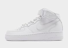 A hoops icon lives on in these women's Air Force 1 Mid sneakers from Nike. In a crisp White colourway, these mid-top kicks have a layered leather and synthetic upper, with a padded ankle collar and a hook-and-loop closure to lock in your comfort. Featuring perforations to the toe box, they're sat above a durable foam midsole and signature Air cushioning for a lightweight, responsice ride. With a non-marking rubber outsole for lasting grip, these trainers are finished off with tonal Swoosh branding at the sidewalls. High Top Air Force, White Nike Air Force 1, White Nike Air Force, Nike Air Force 1 Mid, Mid Sneakers, Ankle Sneakers, White Nike Air, Air Force 1 Mid, Trainers Shoes