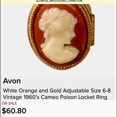 ***Vintage Avon Cameo Poison Ring, Circa 1960*** ***Never Worn, W/O Tags*** *** Rare & Sold Out!!!*** -Versatile & Adjustable To Fit Ring Sizes 6-8 This Luxurious Piece Features Of A Classic Cameo Silhouette Of A Woman Against A Lovely Coral Backdrop -The Ring Is Actually Hinged To Open, Still In Perfect Working Order & Snap Closure To Stash Your “Poison” -It Is In Extremely Good Vintage Condition (As Shown In Photos Above) -A Great Addition To Any Collection To Be Admired Or Worn As A Statement Vintage Avon Collectables, Avon Jewelry Vintage, Silhouette Of A Woman, Avon Rings, Poison Ring, Avon Collectibles, Vintage Cameo, Avon Jewelry, Gold Cream