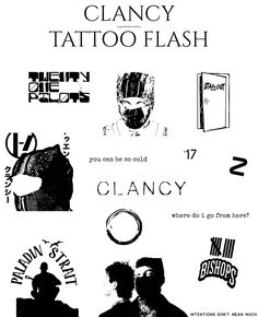 an advertisement for clancy tattoo flash, with black and white images on it