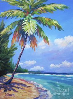 a painting of a palm tree on the beach