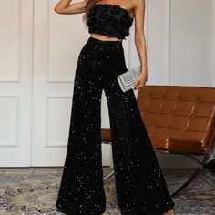 Sequin Two Piece Set Party Outfit Night, Party Outfit Night Club, Outfit Night Club, Black Sequin Jumpsuit, Sequin Pant, Party Outfits Night, Outfit Night, Sequin Pants, Sequin Jumpsuit