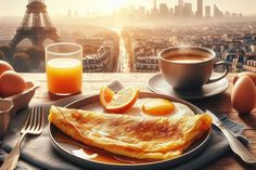 an omelet on a plate with orange slices and coffee in front of the eiffel tower