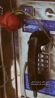 an old fashioned phone with a red rose on it