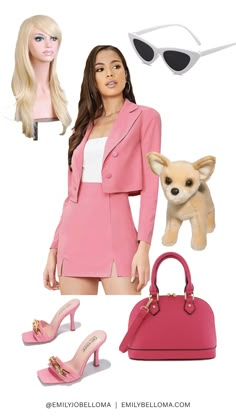 a woman in pink is wearing sunglasses and holding a handbag with a dog on it