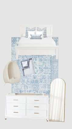 a bedroom with white furniture and blue wallpaper