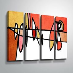 two abstract paintings hanging on the wall in an orange and white room with grey walls