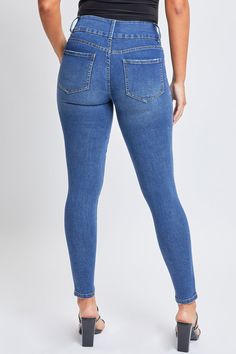 Stretch Mid-rise Denim Jeans, Medium Wash High Waist Fitted Jeggings, Fitted High Waist Medium Wash Jeggings, High Rise Medium Wash Jeggings, High Rise Non-stretch Medium Wash Jeggings, Non-stretch High Rise Medium Wash Jeggings, High Waist Fitted Jeggings With Button Closure, High-waist High-stretch Denim Blue Bottoms, Tight Denim Blue Bottoms