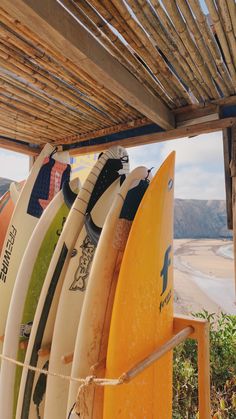 several surfboards are lined up under a wooden structure