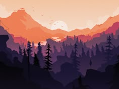 an image of a mountain scene with trees and mountains in the background at sunset or sunrise