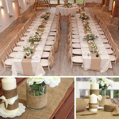 the table is set up with white flowers and candles