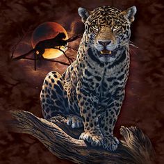 a painting of a leopard sitting on a tree branch in front of a full moon