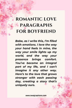 the poem romantic love paragraphs for boyfriend on pink background with watercolor flowers