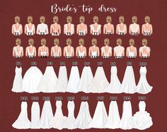 the bride's top dress is shown in different styles and colors, including white