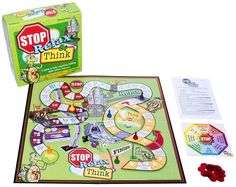 a board game sitting on top of a table next to a piece of paper that says stop think think