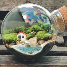 there is a glass ball with some plants in it on the wooden table and a house inside