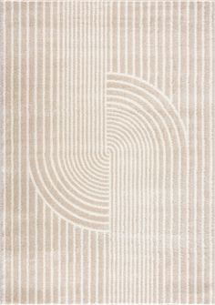 a beige rug with white stripes on the bottom and an oval design in the middle