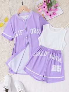 Tween Girl Letter Graphic Tee & Shorts & Tank Top Multicolor Casual    Letter  Non-Stretch  Tween Girls Clothing, size features are:Bust: ,Length: ,Sleeve Length: Shein Outfits 12-13, Shein Teen Girl Outfits, 11year Girl Outfits, Cute Simple Clothes, Shein Outfits For Kids, Cute Outfits For Girls 9-10 Kids Clothes, Good Outfits For Middle School, Clothes For Kids 9-10