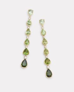 18K Yellow Gold Ombré Pear Shape Drop Earring with Green Tourmaline and Diamonds, .4 TCW2 1/2 Inches Long x 1/4 Inch Wide Style# YEOPOGTW Luxury Gold Teardrop Earrings With Gemstones, Peridot Earrings Drop, Green Tourmaline Earrings, Elegant Pear-shaped Tourmaline Jewelry, Green Tourmaline Jewelry, Pear Shaped Ring, Peridot Earrings, Tourmaline Earrings, Floral Necklace