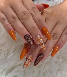 Orange Nail Designs, 2024 Nails, October 3rd, Cute Nails For Fall, Plaid Nails