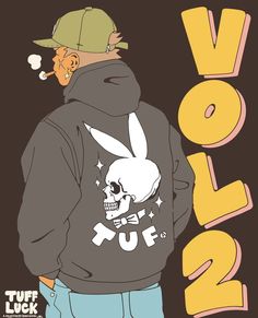 a man wearing a hoodie with a rabbit on it's back and the word volvol written in large letters