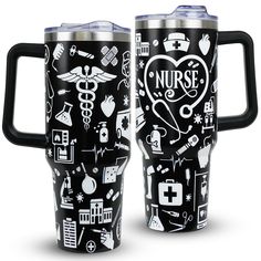 two travel mugs with nurse symbols on them