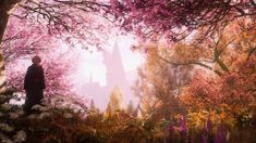 a man standing in the middle of a forest with trees and flowers around him looking at a castle