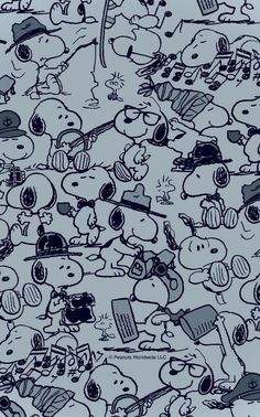 an image of many cartoon characters on a blue background with black and white inks