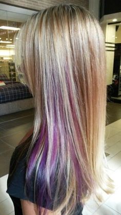 Purple Hair Tips Blonde, Color In Blonde Hair, Colored Highlights On Blonde Hair, Purple Highlights Blonde Hair Peekaboo, Blonde With Coloured Highlights, Colorful Highlights In Blonde Hair, Blond Hair With Purple Highlights, Chunky Pink Highlights In Blonde Hair, Colored Highlights For Blondes