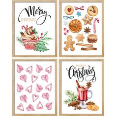 four christmas cards with the words merry, merry and cookies in different designs on them