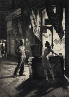 an old black and white photo of two people standing in front of a store window