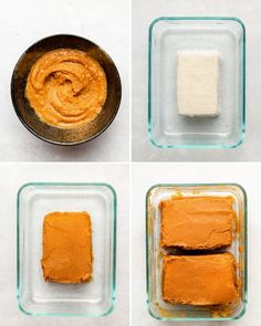 four pictures showing how to make peanut butter in the microwave and then using it as an appetizer