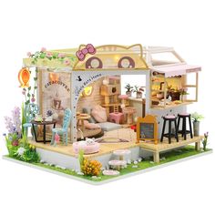 PRICES MAY VARY. √Accurately speaking, the cute house is not designed to be played with, but collectible buildings or home decoration after finished. It come with parts, need to assemble DIY. The assembly is suitable for people older than 14 years, a great way to communicate with teenagers or adults and perfect project for spending time. √High quality and excellent designed match its price: Materials are of good quality,the furniture and other wooden pieces are precisely cut so that they fit tog Wooden Dollhouse Kits, Diy Chat, Tiny House Kits, Blossom House, Coffee Valentines, Mini Stuff, Dollhouse Miniatures Diy, Old Fashion Dresses, Room Boxes